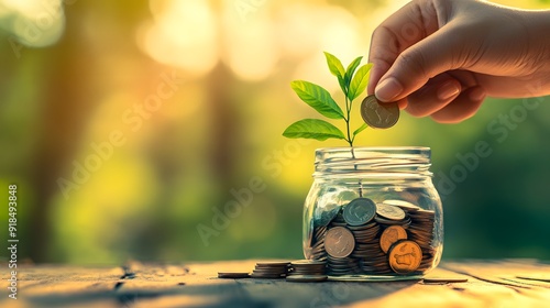 A hand putting coins into a glass jar with a green plant growing from it, a money bank