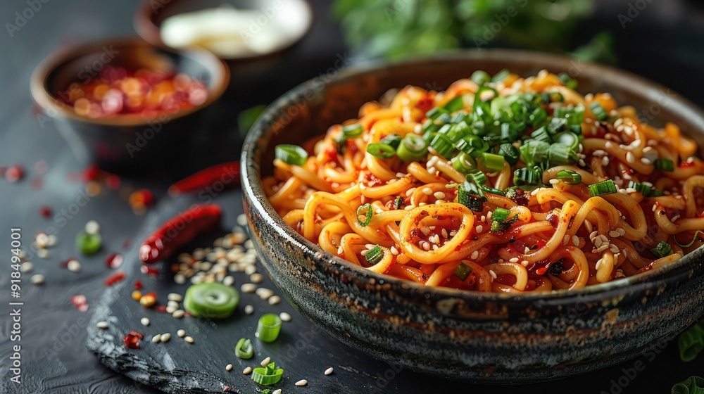 Korean food, Spicy Cold Chewy Noodles with vegetables and spicy sauce, jjolmyeon Korean food, Spicy Cold Chewy Noodles with vegetables and spicy sauce, jjolmyeon