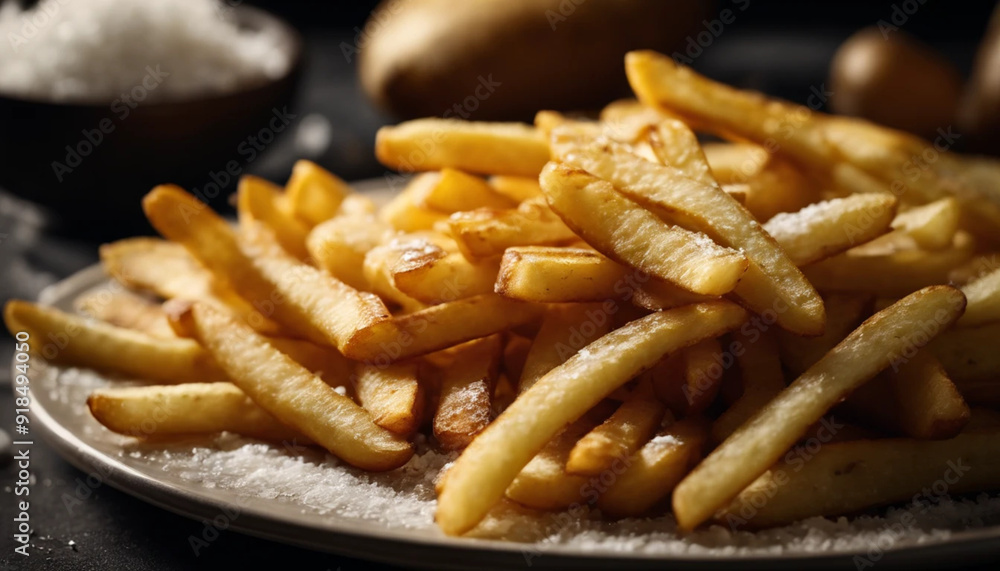 Golden French fries potatoes with salt on a black background Golden French fries potatoes with salt on a black background