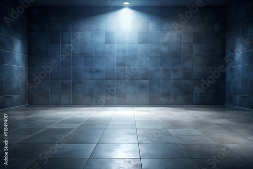 Minimalistic, empty room with dark blue tiles and a single spotlight, creating a cold, mysterious atmosphere, ideal for abstract and conceptual themes.