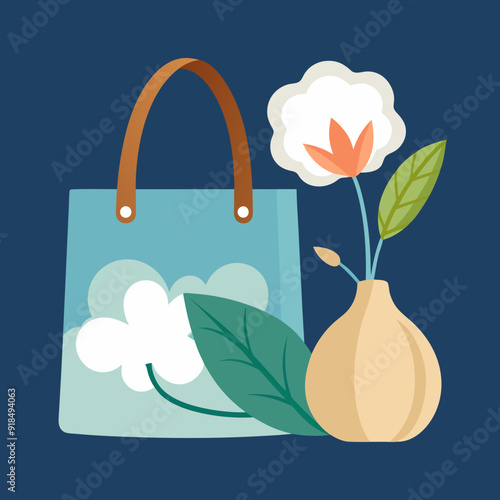 Fashion eco recycling cloth handbag mockup for shopper buying in grocery store, cotton ecobag today's modern illustration for canvas tote bag. tulips in a bag.
