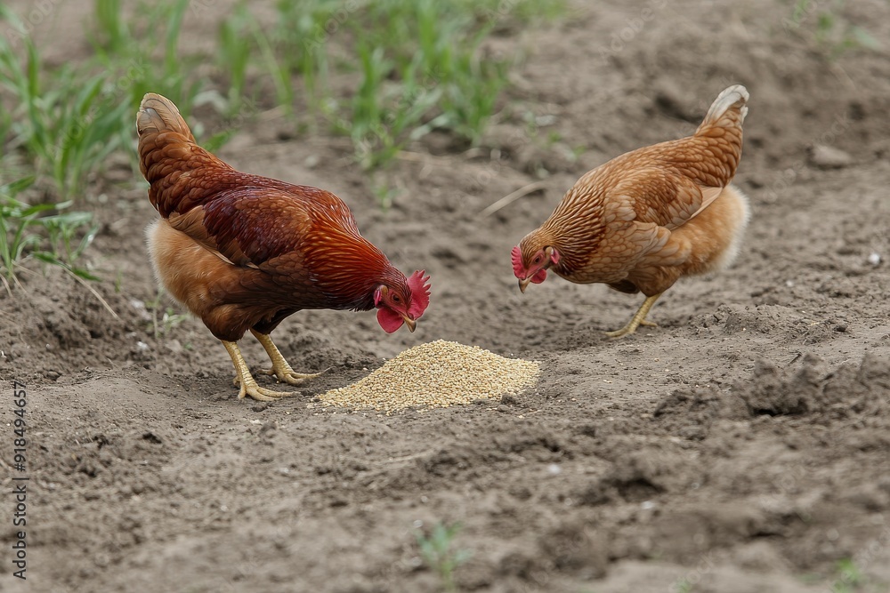 Fototapeta premium brown chicken and two other chickens are in an outdoor yard