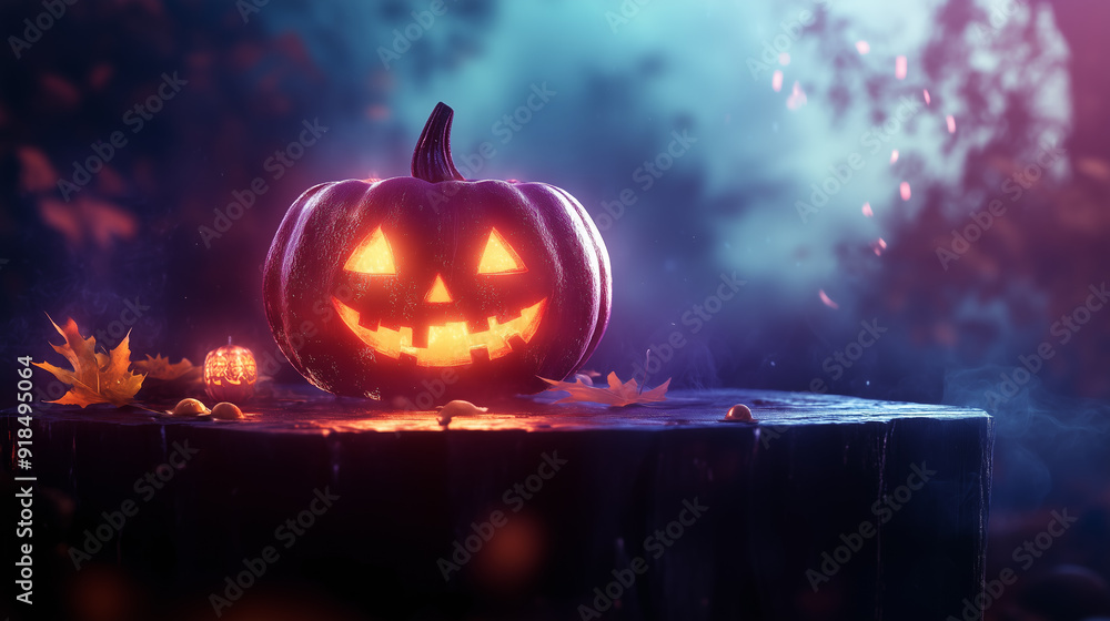 Fototapeta premium Jack-O'-Lantern on Tree Stump
