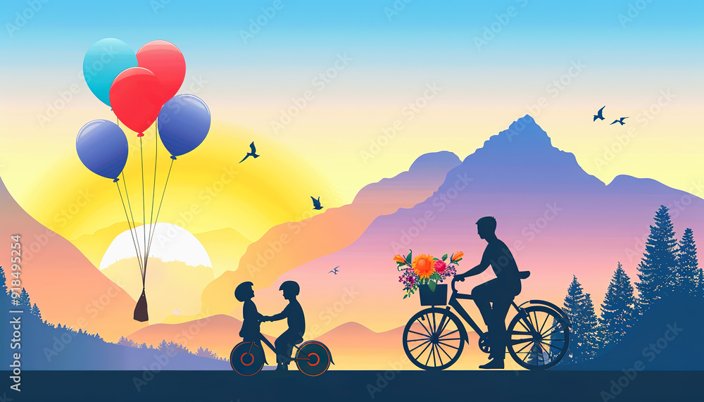 Silhouette of Two Children on a Bicycle with Balloons and Flowers at Sunset Silhouette of Two Children on a Bicycle with Balloons and Flowers at Sunset