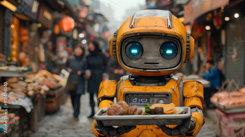 Robot carrying a tray with food in a busy outdoor market