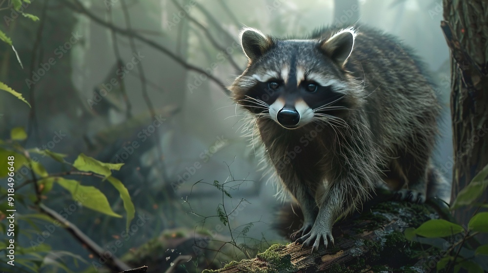 Raccoon on tree branch, surrounded by green forest leaves Raccoon on tree branch, surrounded by green forest leaves