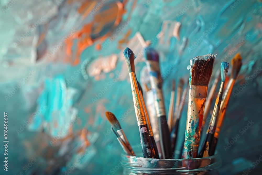 Fototapeta premium Used paintbrushes in a glass jar