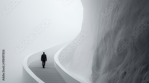 Surreal Minimalist Scene of a Lone Figure Ascending a Curved Staircase in a Monochromatic Foggy Landscape