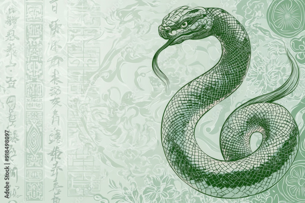 Obraz premium Ethereal Serpent of the Chinese Zodiac: A Stylized Illustration of the Snake Encircled with Geometric Florals on a Verdant Background