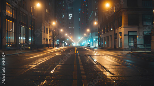 the night streets are quiet with dim street lights