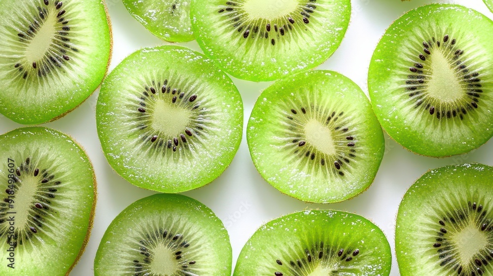 Sliced kiwi fruit with vibrant green flesh and tiny black seeds, intricately detailed, floating on a white background Sliced kiwi fruit with vibrant green flesh and tiny black seeds, intricately detailed, floating on a white background