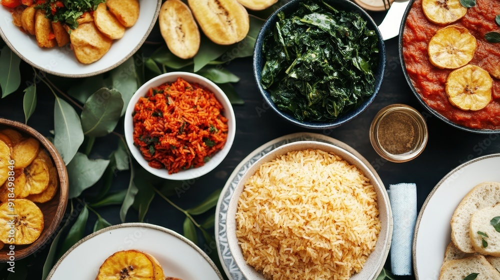 African Cuisine Variety with Plantains, Rice, Leafy Greens, and Tomato Stew African Cuisine Variety with Plantains, Rice, Leafy Greens, and Tomato Stew