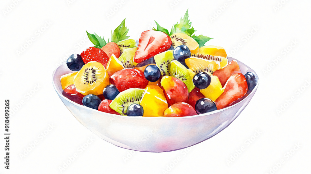 A watercolor bowl of fruit salad centered on a plain white background A watercolor bowl of fruit salad centered on a plain white background