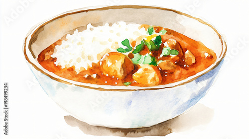 A watercolor bowl of curry with rice on a plain white background