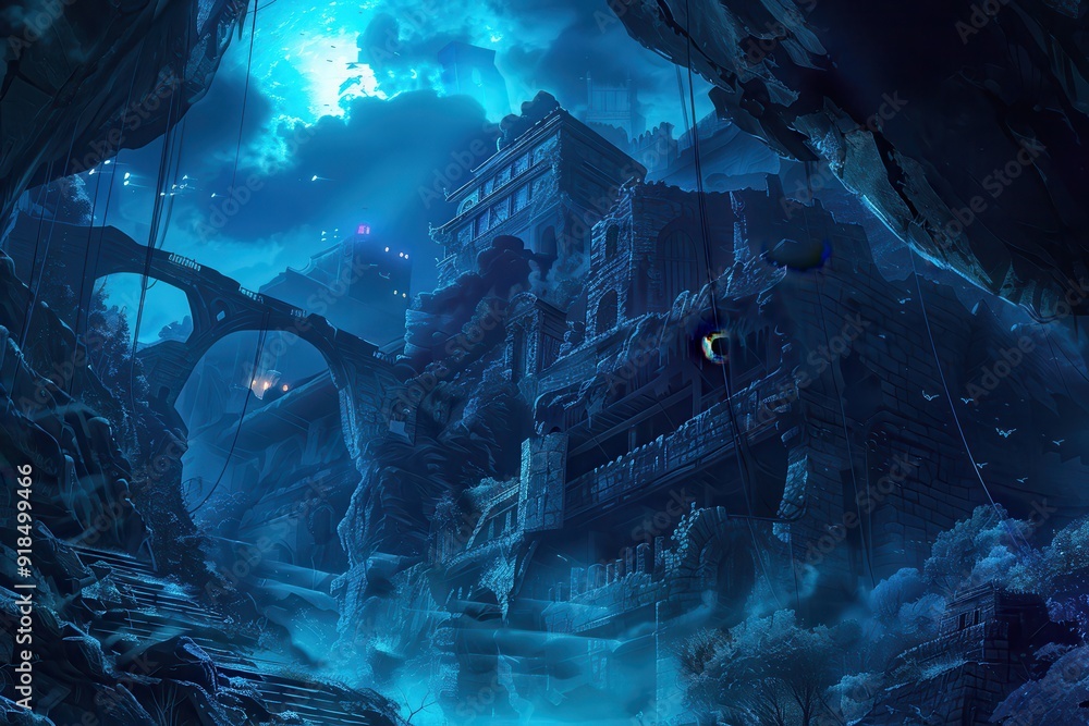 Ancient ruins of a forgotten city bathed in an eerie blue moonlight Ancient ruins of a forgotten city bathed in an eerie blue moonlight