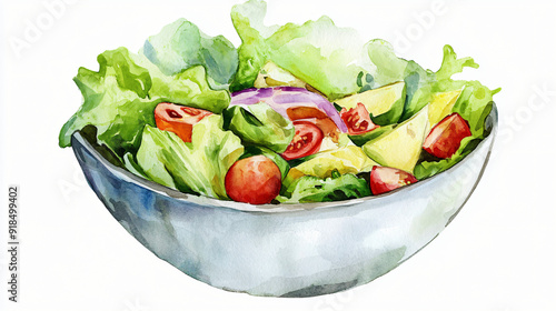 A watercolor bowl of salad centered on a white background