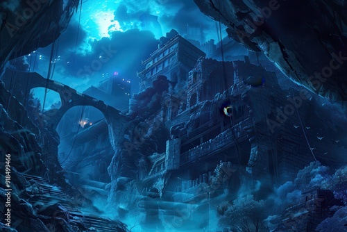 Ancient ruins of a forgotten city bathed in an eerie blue moonlight