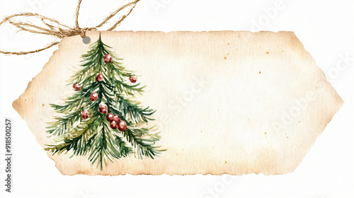 A watercolor Christmas gift tag with a decorative design on a plain white background