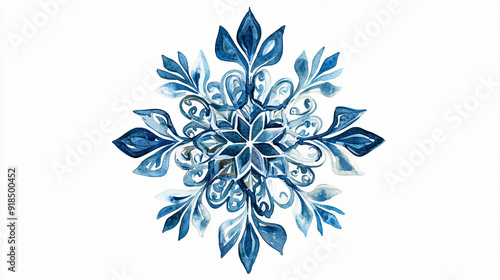 A watercolor Christmas snowflake with intricate designs on a plain white background