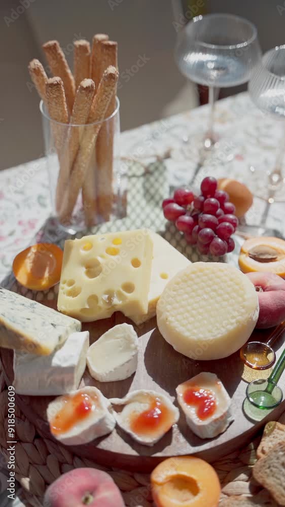 Close-Up of a Gourmet Cheese Plate with Fresh Fruits and Crackers, Vertical video Close-Up of a Gourmet Cheese Plate with Fresh Fruits and Crackers, Vertical video
