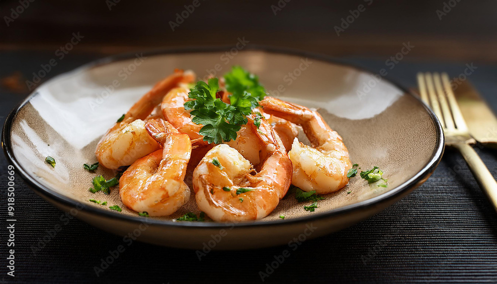 Tasty garlic butter steamed shrimps on ceramic plate. Rich and savory treat. Delicious sea food. Tasty garlic butter steamed shrimps on ceramic plate. Rich and savory treat. Delicious sea food.
