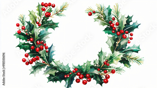 A watercolor Christmas wreath with holly and berries on a plain white background photo