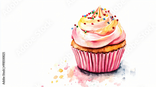 A watercolor cupcake with sprinkles and frosting on a plain white background