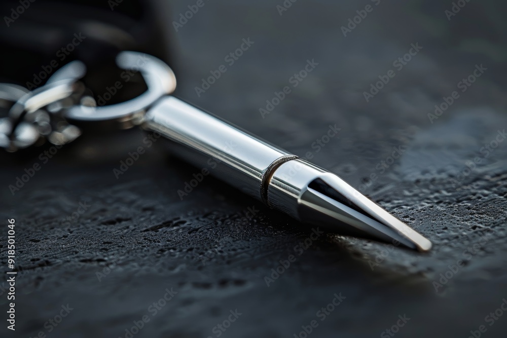 Fototapeta premium Compact Self-Defense Keychain with Sharp Tip on Sleek Black Surface for Personal Safety