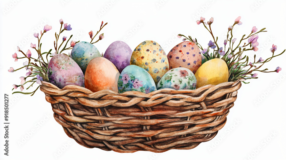 A watercolor Easter egg basket centered on a plain white background A watercolor Easter egg basket centered on a plain white background