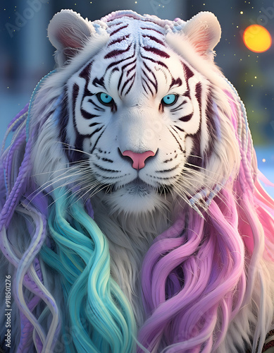 tiger, tier, close up, photo, neon, pink, türkis, nostalgia, style, y2k, dreadlocks, surreal, süss, niedlich, rosa, hellblau, pastel, farbe, katze, makro, vibrant, kopf, portrait, gesicht, weiß, ad photo