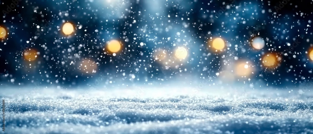 Magical winter background with falling snow, twinkling lights and starry sky Magical winter background with falling snow, twinkling lights and starry sky