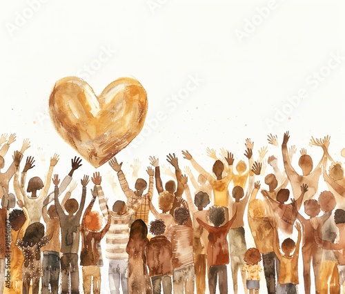 Group of diverse young people with arms and hands raised towards a hand-drawn heart. Charity donation, sponsorship, godparenthood, volunteer work, support, assistance. Multicultural community. photo