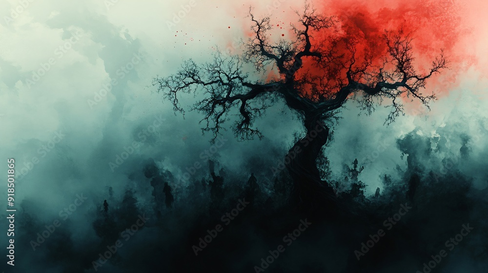 Atmospheric tree landscapes with silhouetted figures in misty environments. Captivating artwork for book covers, posters, or digital media backgrounds showcasing moody nature scenes Atmospheric tree landscapes with silhouetted figures in misty environments. Captivating artwork for book covers, posters, or digital media backgrounds showcasing moody nature scenes