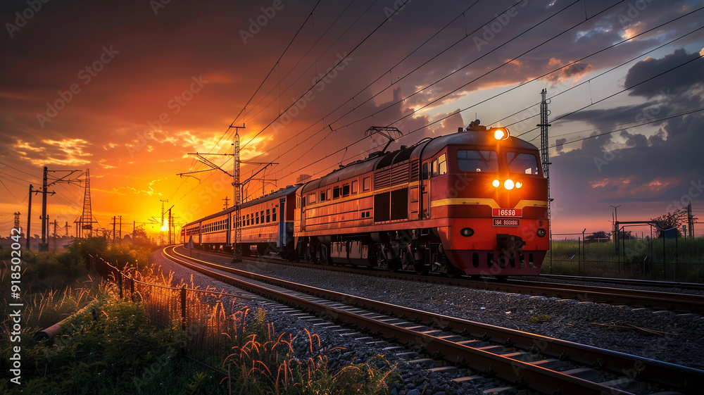 A train moving along the tracks at sunset A train moving along the tracks at sunset