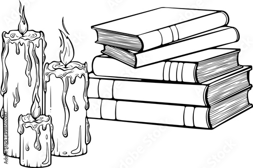 Stack of books with candles. Magic, esoteric, witchcraft, or mystery book symbol. Vector illustration in hand drawn sketch doodle style. Line art isolated on white for coloring book, print