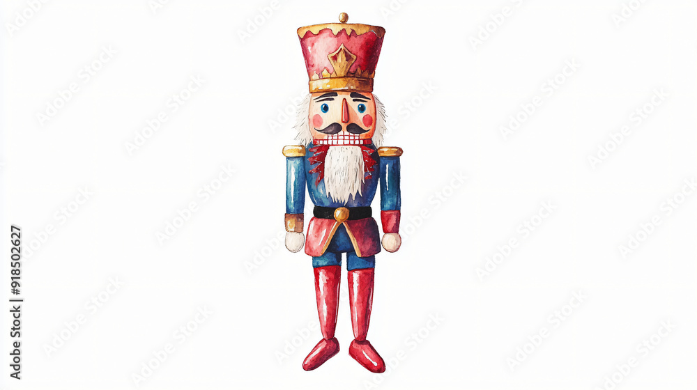 A watercolor nutcracker figurine centered on a plain white background A watercolor nutcracker figurine centered on a plain white background