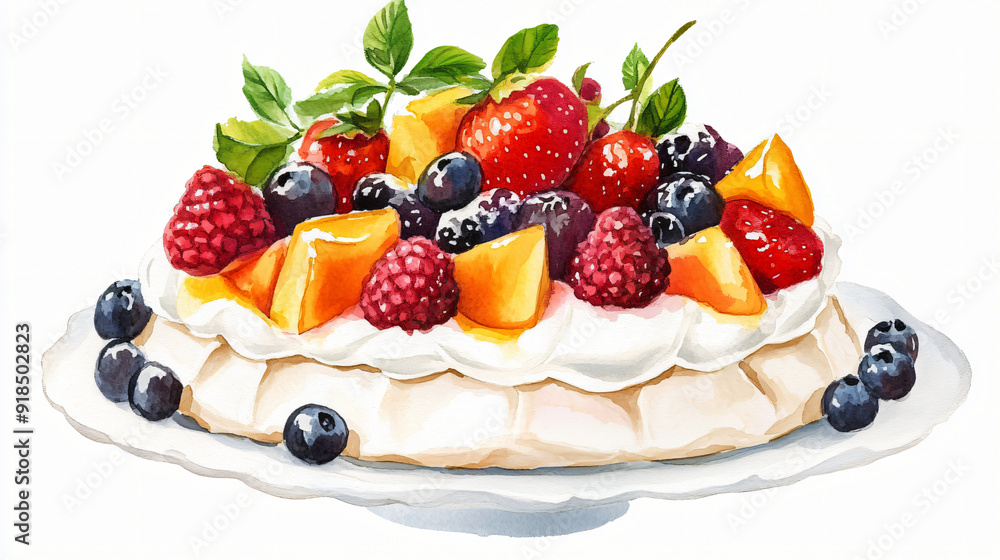 A watercolor pavlova with fresh fruit and whipped cream on a plain white background A watercolor pavlova with fresh fruit and whipped cream on a plain white background