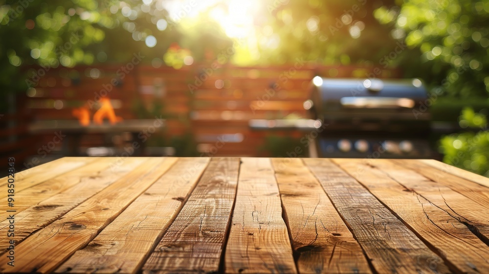 empty wooden table from front view. outdoor grilling theme, grilling in background empty wooden table from front view. outdoor grilling theme, grilling in background