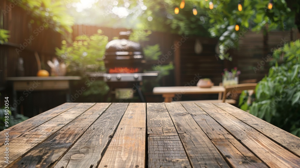 empty wooden table from front view. outdoor grilling theme, grilling in background empty wooden table from front view. outdoor grilling theme, grilling in background
