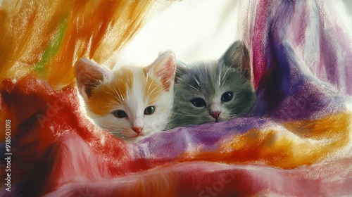 Colorful artistic portraits of adorable kittens nestled in vibrant fabric. Whimsical and dreamy cat images for pet lovers, children's room decor, or animal welfare campaigns photo