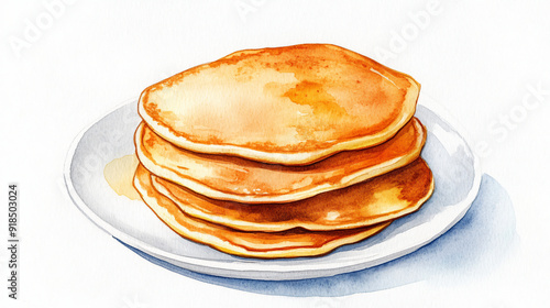 A watercolor plate of pancakes centered on a plain white background