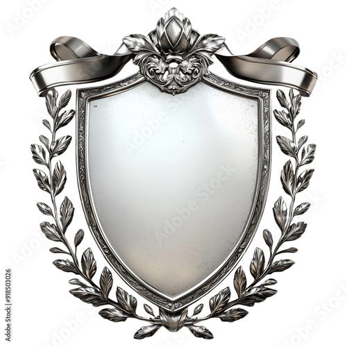 Intricate silver shield crest with laurel wreath and ribbon on a transparent background photo