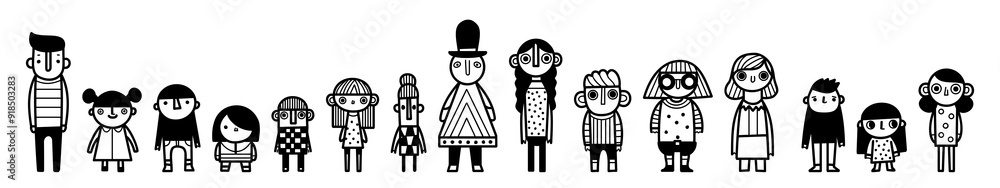 Diverse group of cartoon characters standing in a row, different styles and genders and ages, variety of outfits and expressions, vector illustration. Diverse group of cartoon characters standing in a row, different styles and genders and ages, variety of outfits and expressions, vector illustration.