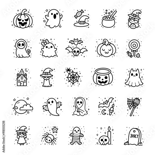 Set of adorable Halloween-themed icons and elements, cute hand drawings in black and white, playful and charming style, vector illustration.