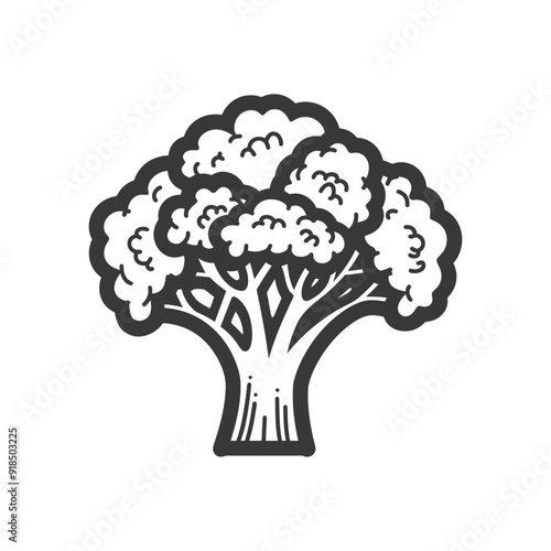 Hand drawn Black and White Illustration of a Broccoli Floret