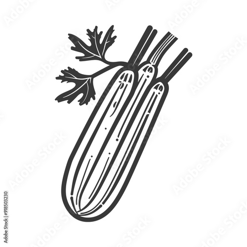 Hand drawn black and white illustration of a bunch of celery