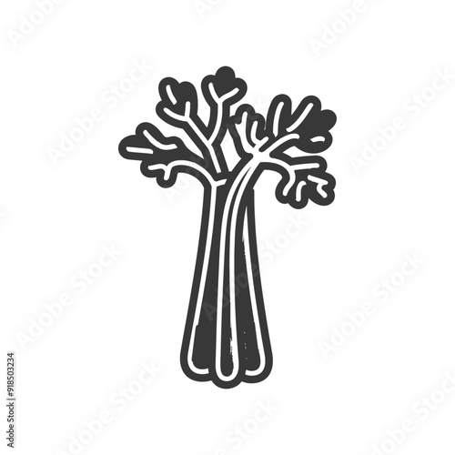 Hand drawn black and white illustration of a celery stalk