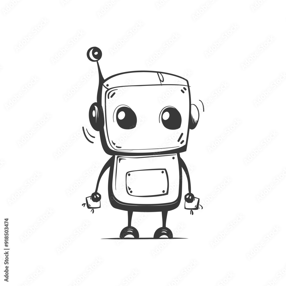 Hand Drawn Illustration of a Cute Cartoon Robot Hand Drawn Illustration of a Cute Cartoon Robot