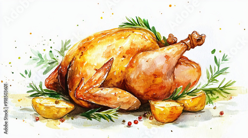 A watercolor roast chicken with herbs on a plain white background