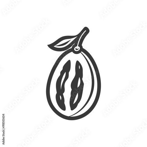 Hand drawn illustration of a halved vanilla bean with a leaf